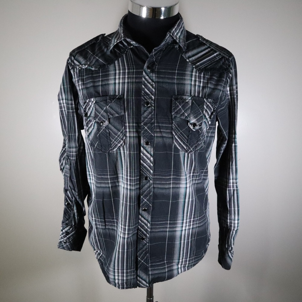 Machine Shirt Mens Medium Western Cowboy Rodeo Pearl Snap Gray Plaid Long Sleeve